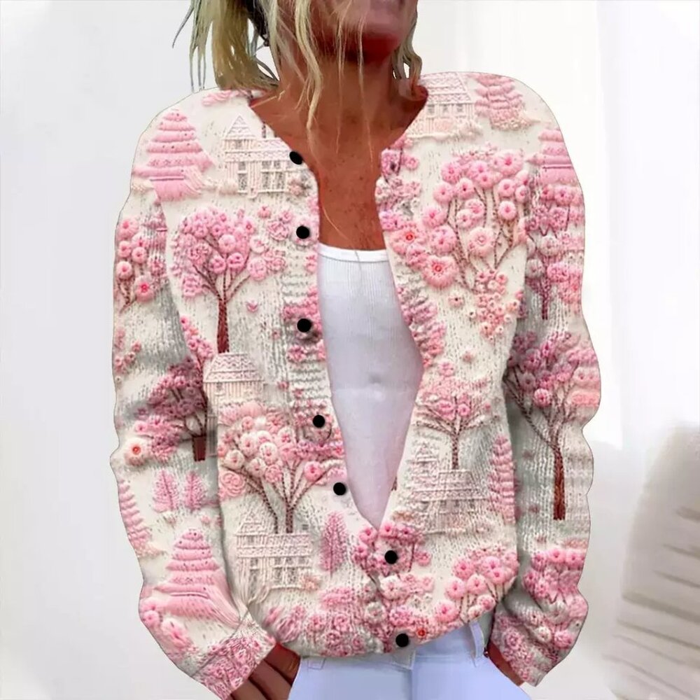 Japanese Scenery Casual Button-Up Knitted Cardigan Sweater Size XL